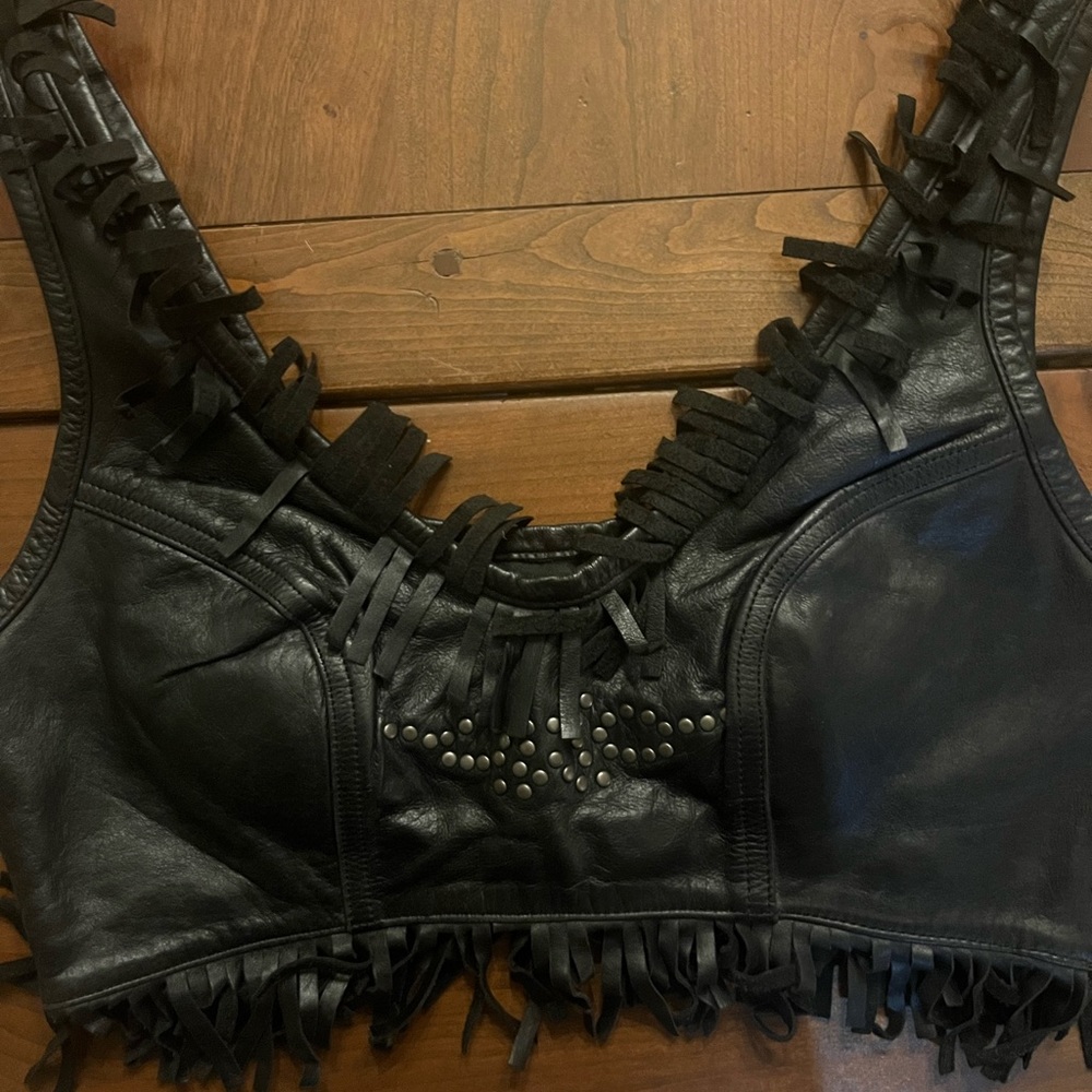 Black Leather Fringe Women's Top